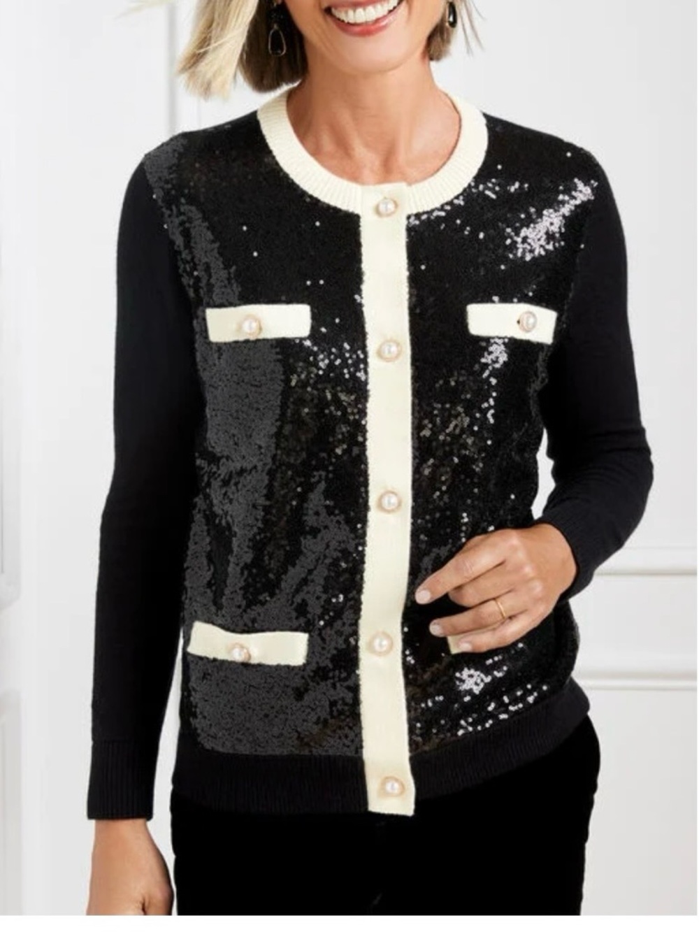 Talbots Plus Sequin Embellished Jacket Cardigan Sweater Sz 1X Black Lambs Wool